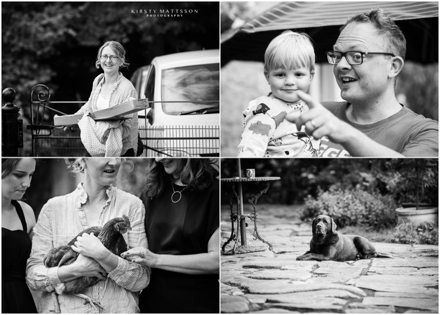 Black and white photos of a family with a baby and a dog.