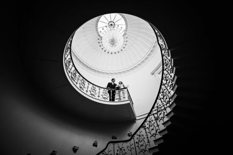 Denton Hall Wedding Photograpy - bride & groom on the staircase