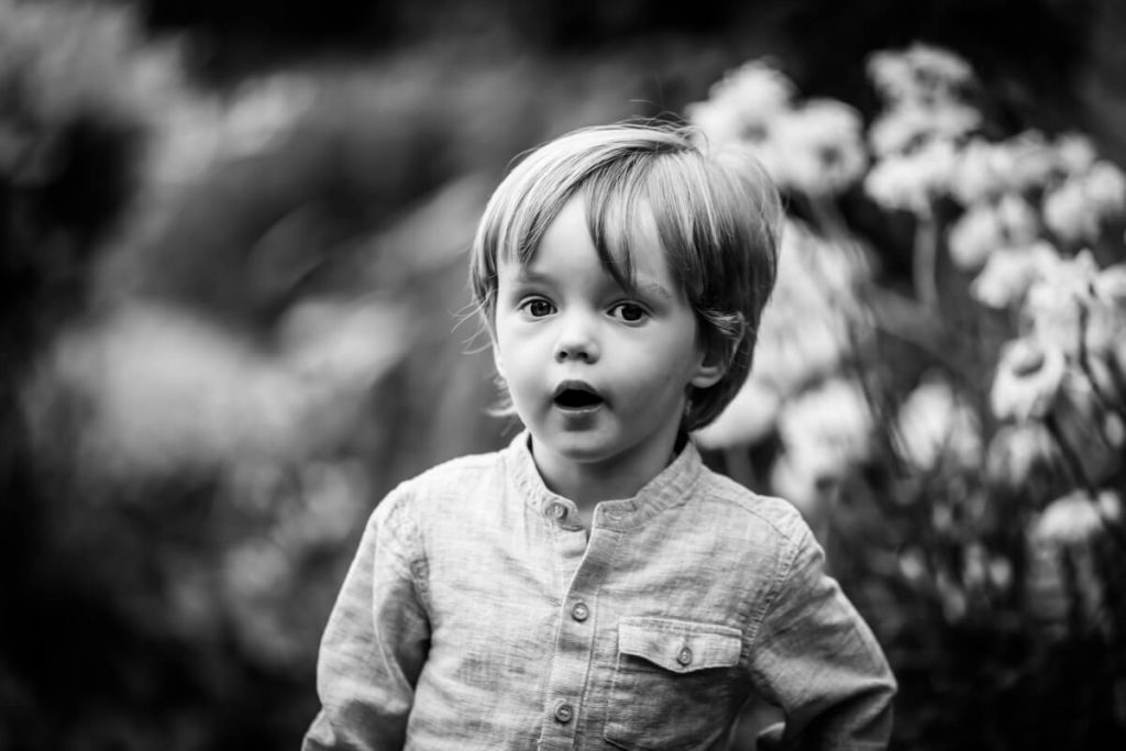 portrait of a toddler in his garden in Wakefield