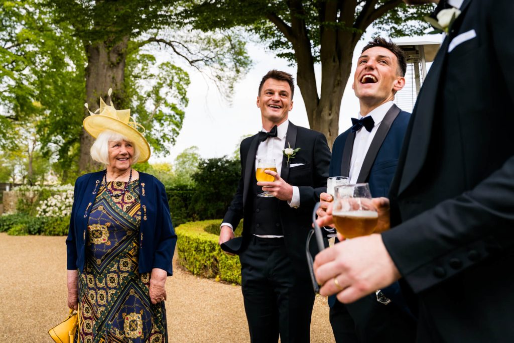 wedding guests laughing