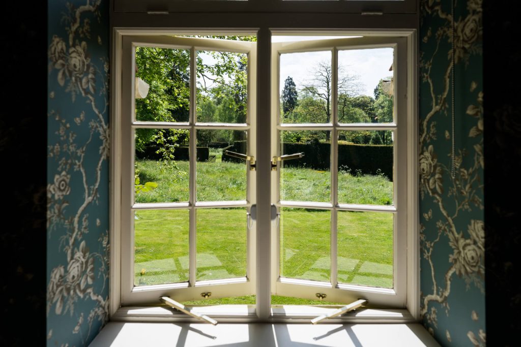 looking through the cottage window to the garden