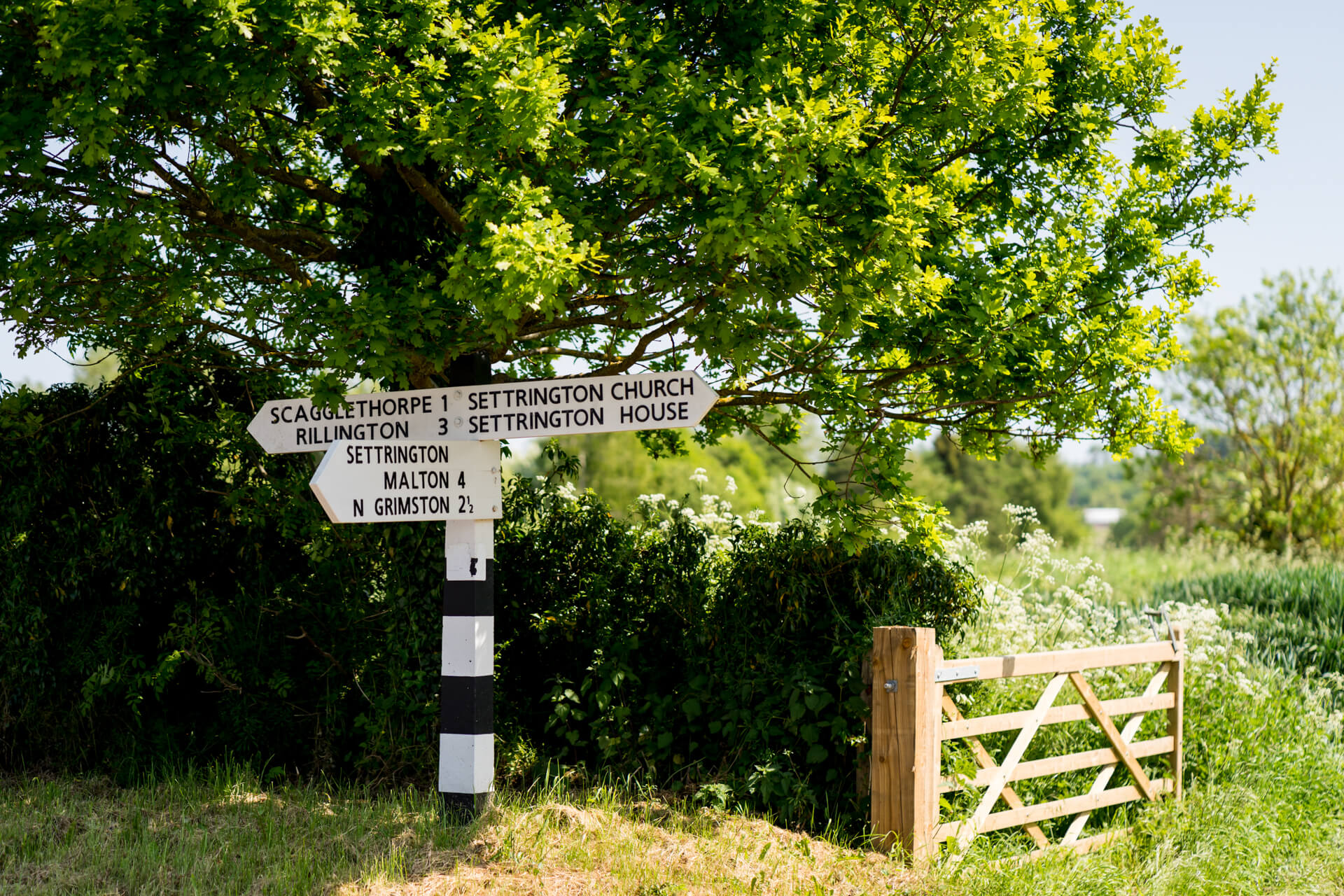 Signpost for Setrington church amidst lush greenery.