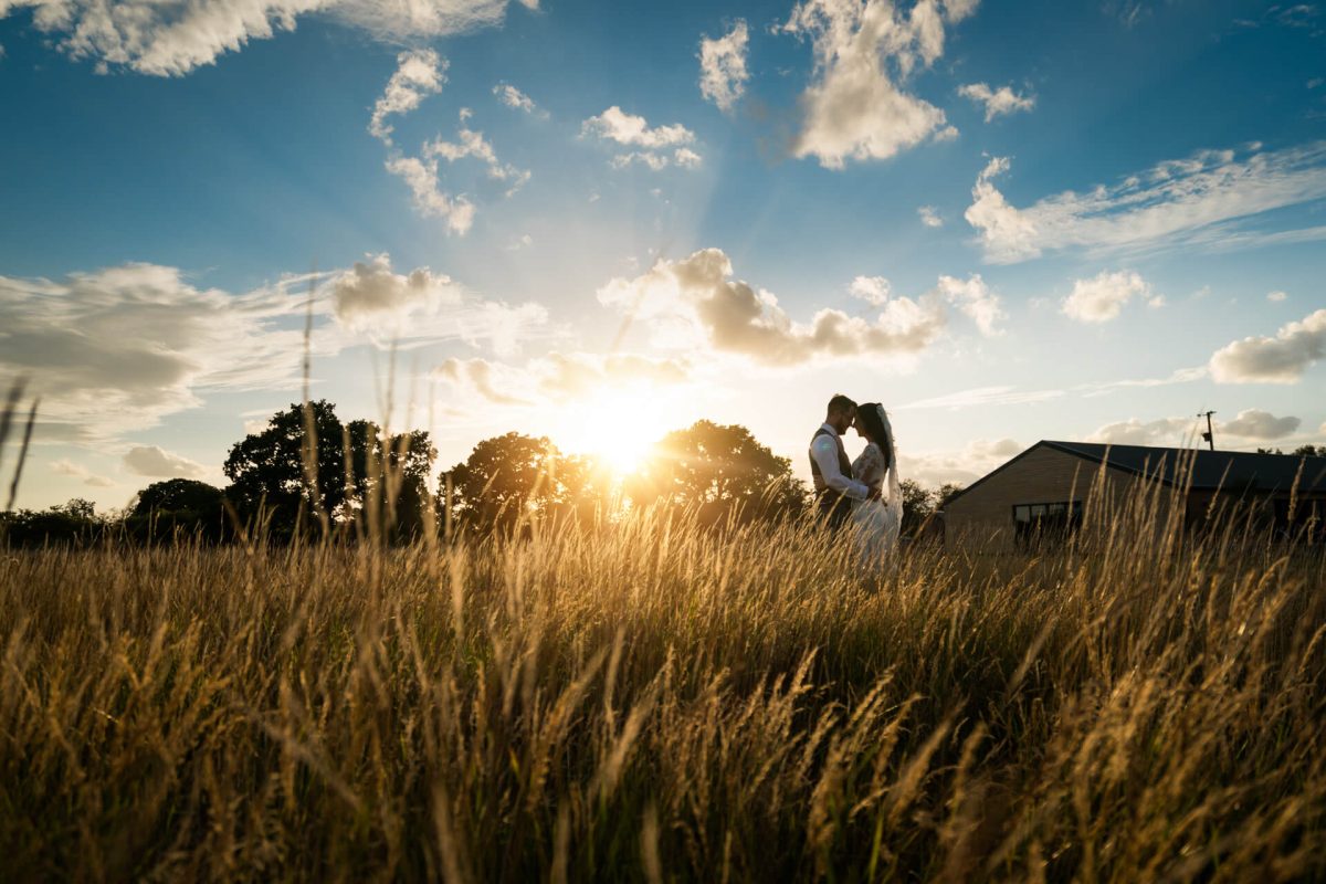 Couple kissing in sunset-lit field