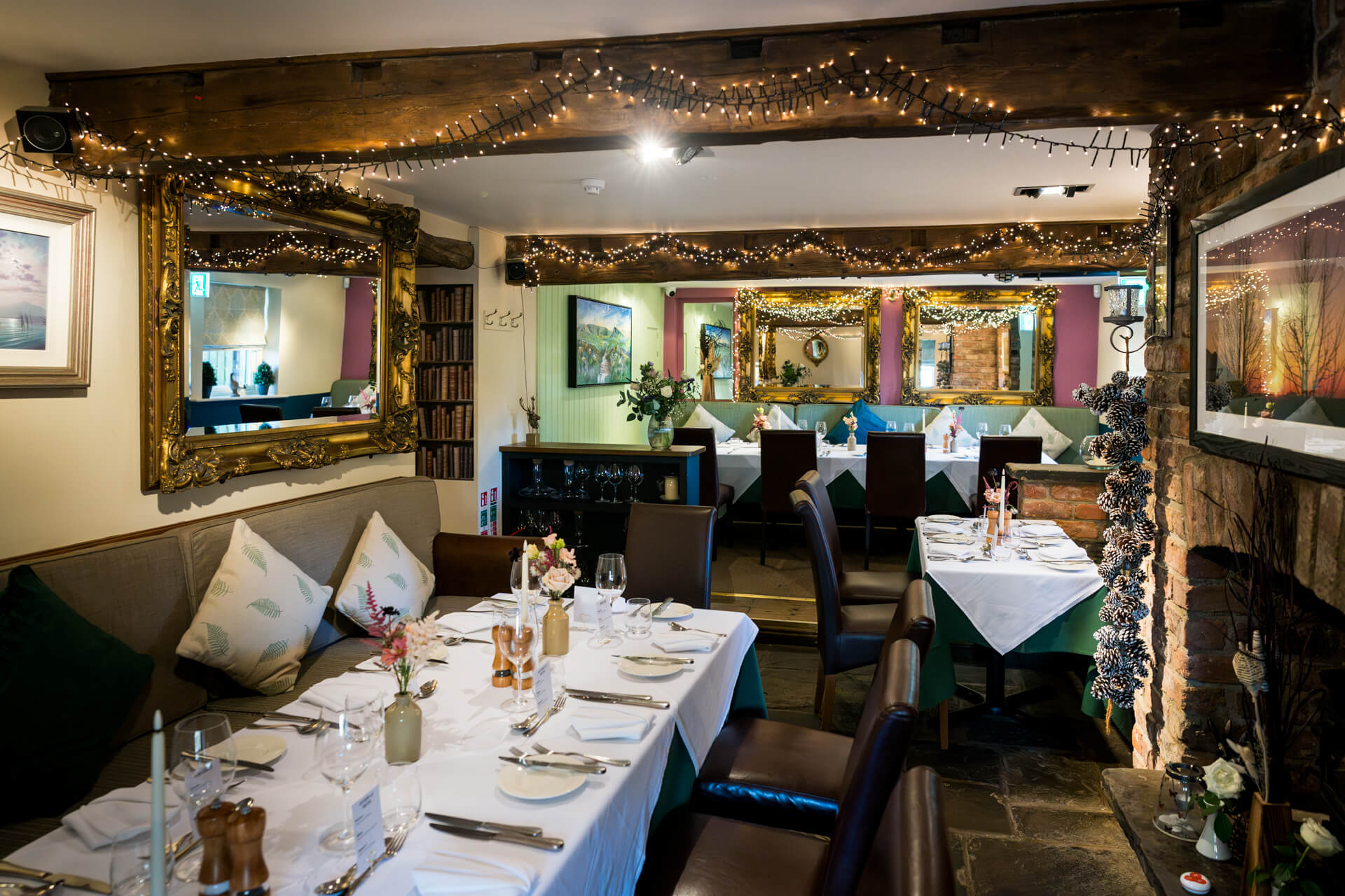 Cozy restaurant interior with festive decorations