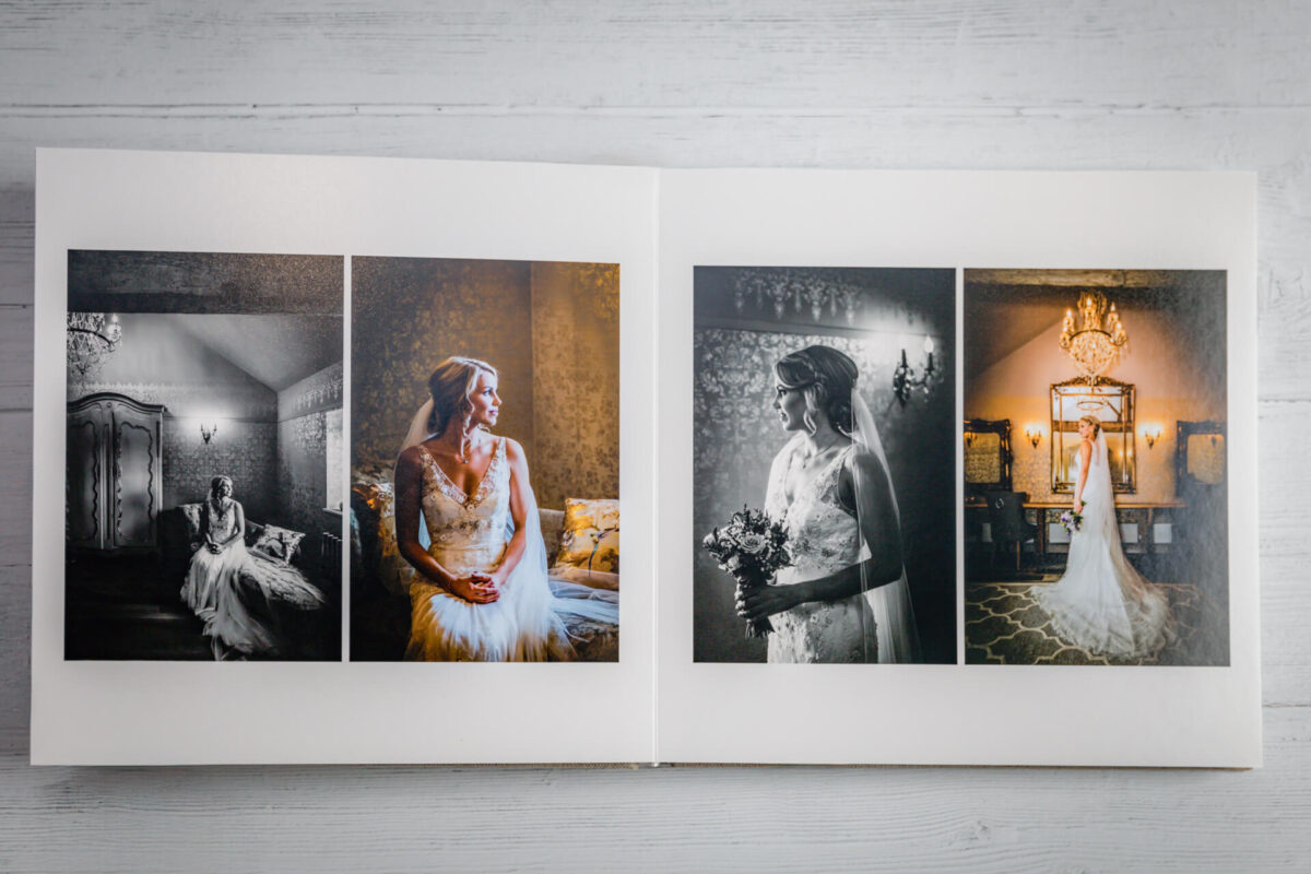 Wedding photo album with bride in various poses.